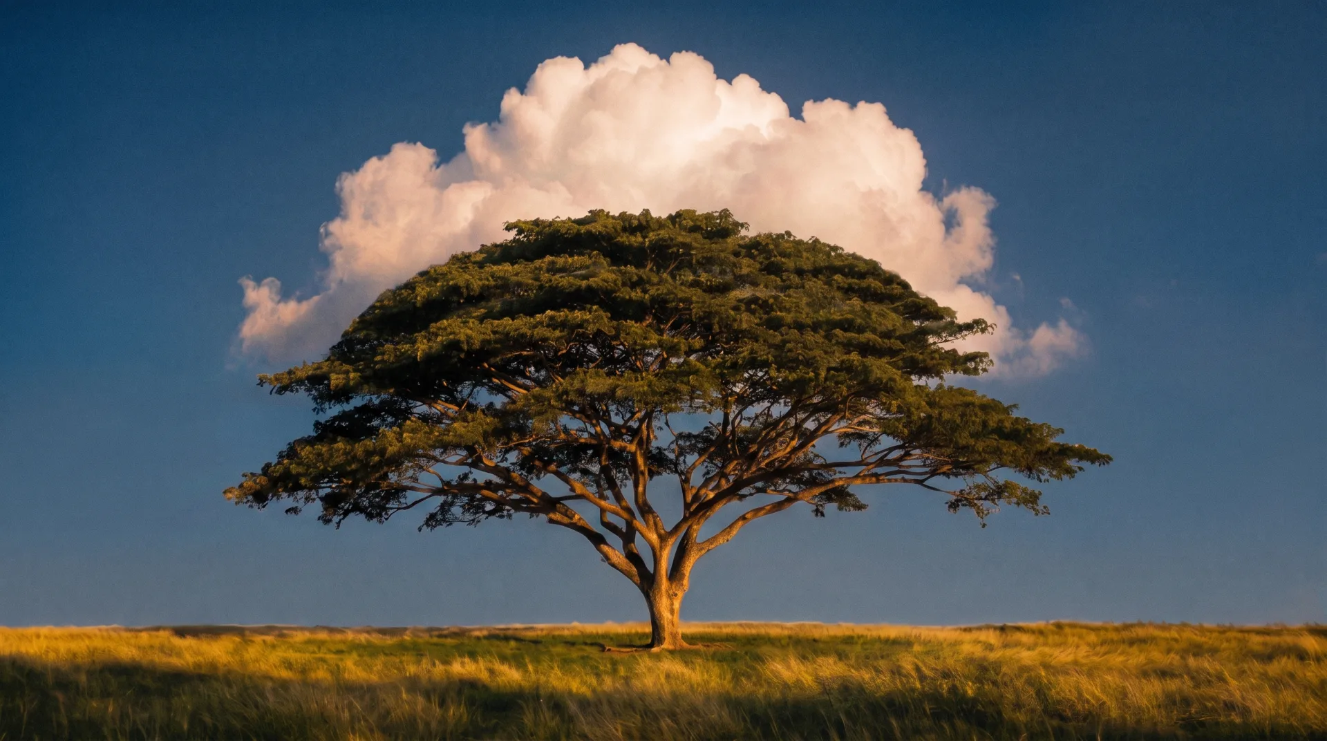 A rain tree alone in a golden field, an enormous cloud behind its crown